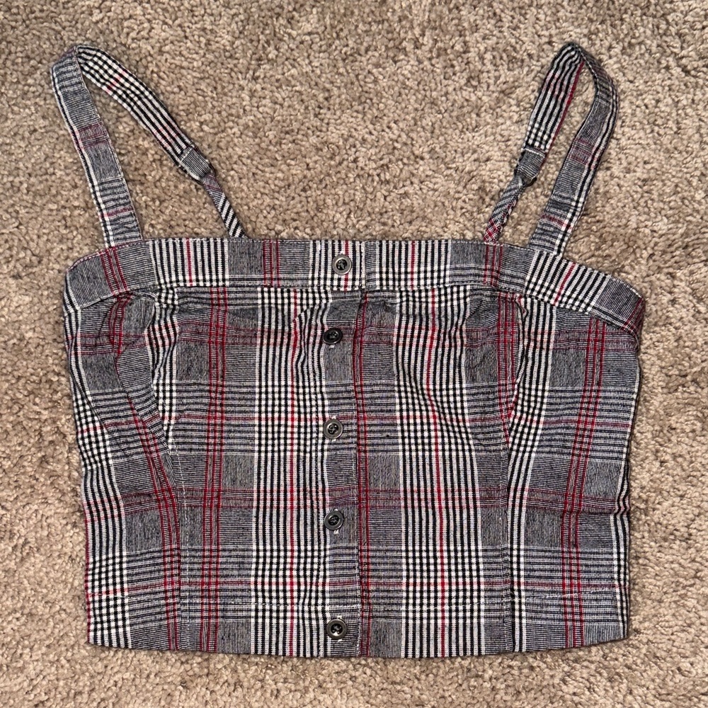 Hollister Gray & Red Plaid Button-Front Crop Top